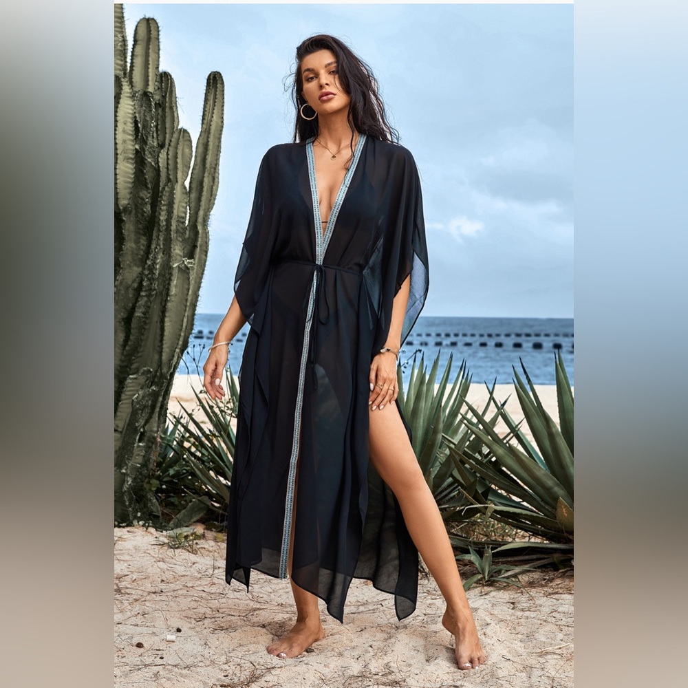NWT CUPSHE Carmel Open Front Plunging Neckline Self Tie Maxi Cover Up
